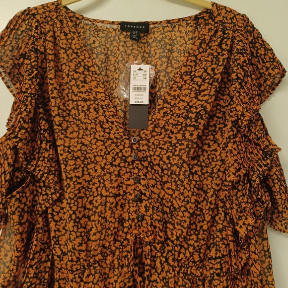 SOLD!--Topshop Animal Print Plisse Blouse, Rusty Brown/Black, Size 14 - Picture 2 of 7